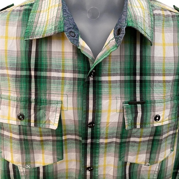 ECKO UNLTD Green & Yellow Plaid Short Sleeve Collared Shirt Men XL - Picture 2 of 8